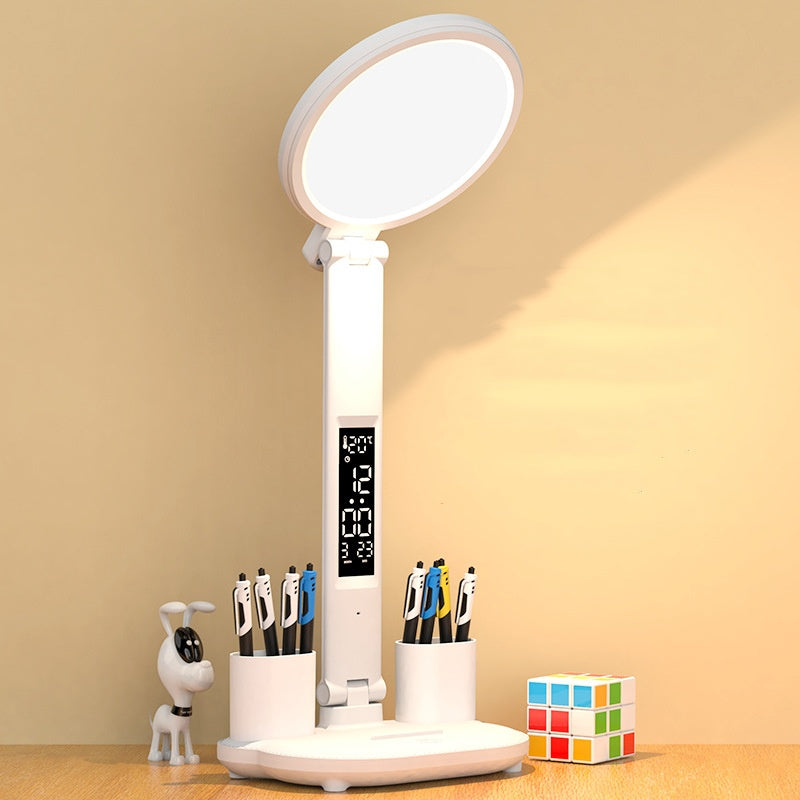 LED Uhr Tisch Lampe USB Aufladbare Dimmbare Schreibtisch Lampe Plug-in LED Fan Licht Faltbare Augenschutz Lesen Nacht Licht
