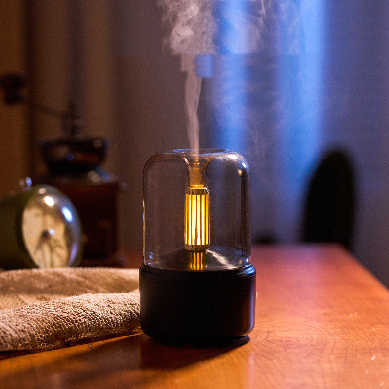 Umidificatore leggero d'atmosfera Diffusore di aromi a lume di candela Umidificatore portatile elettrico USB da 120 ml Fogger per nebulizzazione fredda 8-12 ore con luce notturna a LED